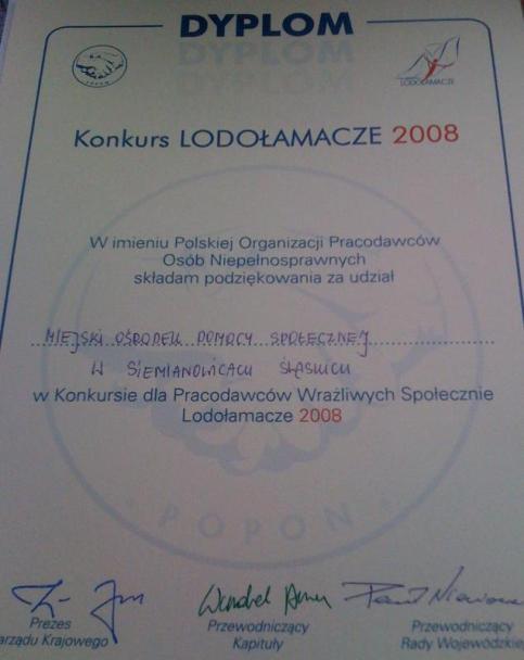 Dyplom za udział w konkursie Lodołamacze 2008. Powiększ zdjęcie.