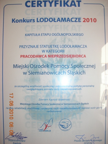 Certyfikat przyznający statuetkę o w konkursie Lodołamacze 2010. Powiększ zdjęcie.